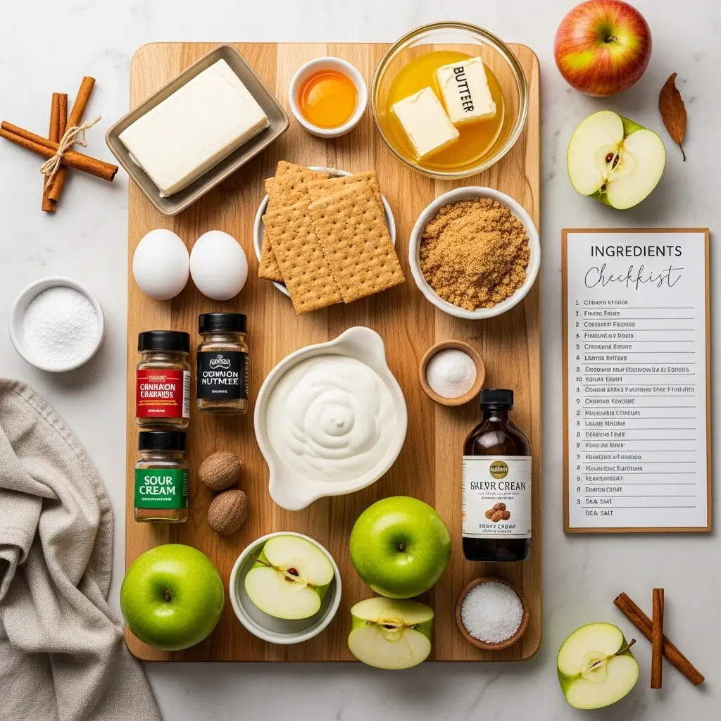All ingredients needed for homemade caramel apple cheesecake bars laid out on wood surface