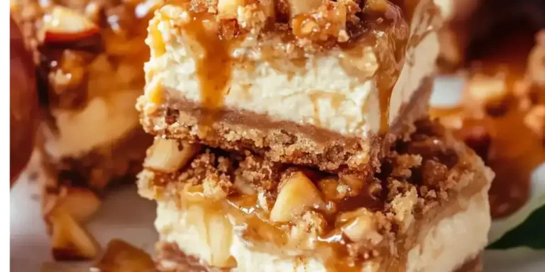 Caramel apple cheesecake bars with golden caramel drizzle on white plate