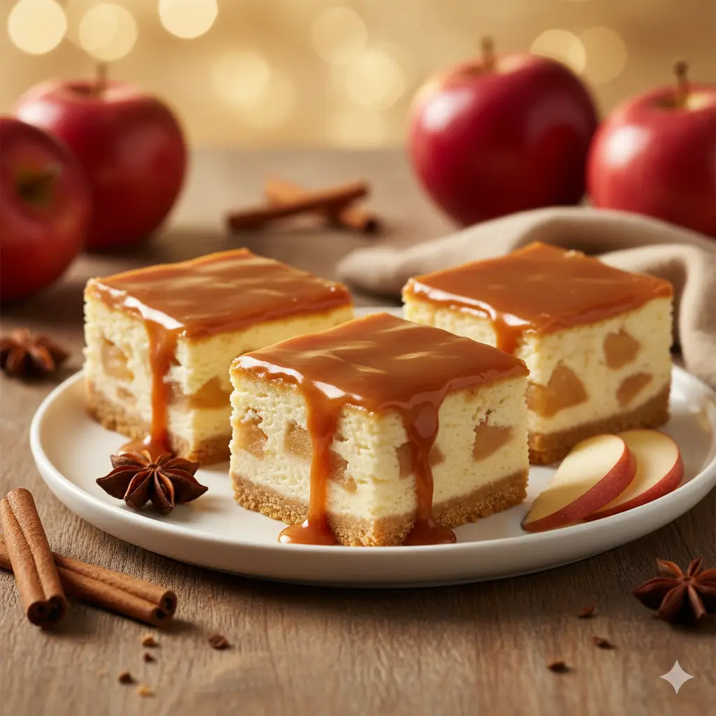 Caramel apple cheesecake bars cut into 12 individual square servings in baking pan