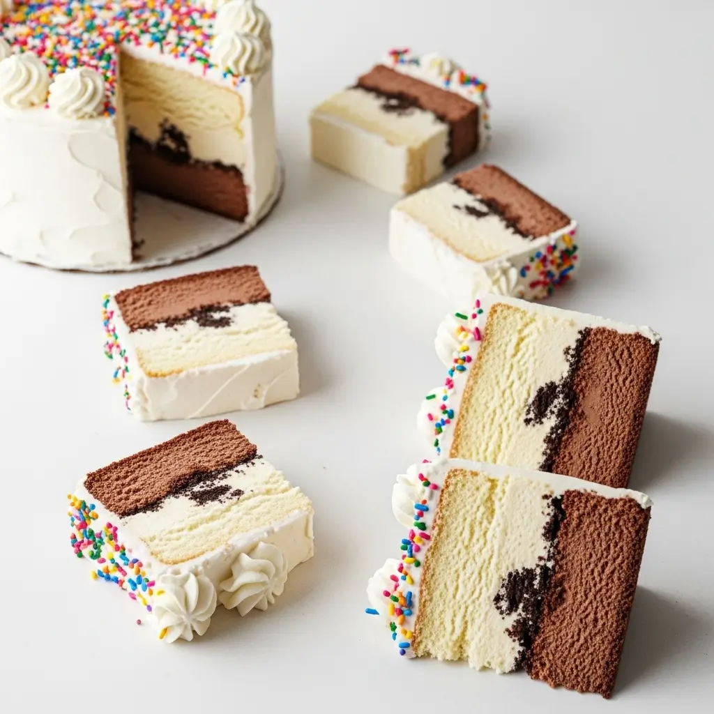 Whole Carvel-style ice cream cake with neatly arranged slices showing ice cream layers and cookie crunch filling.