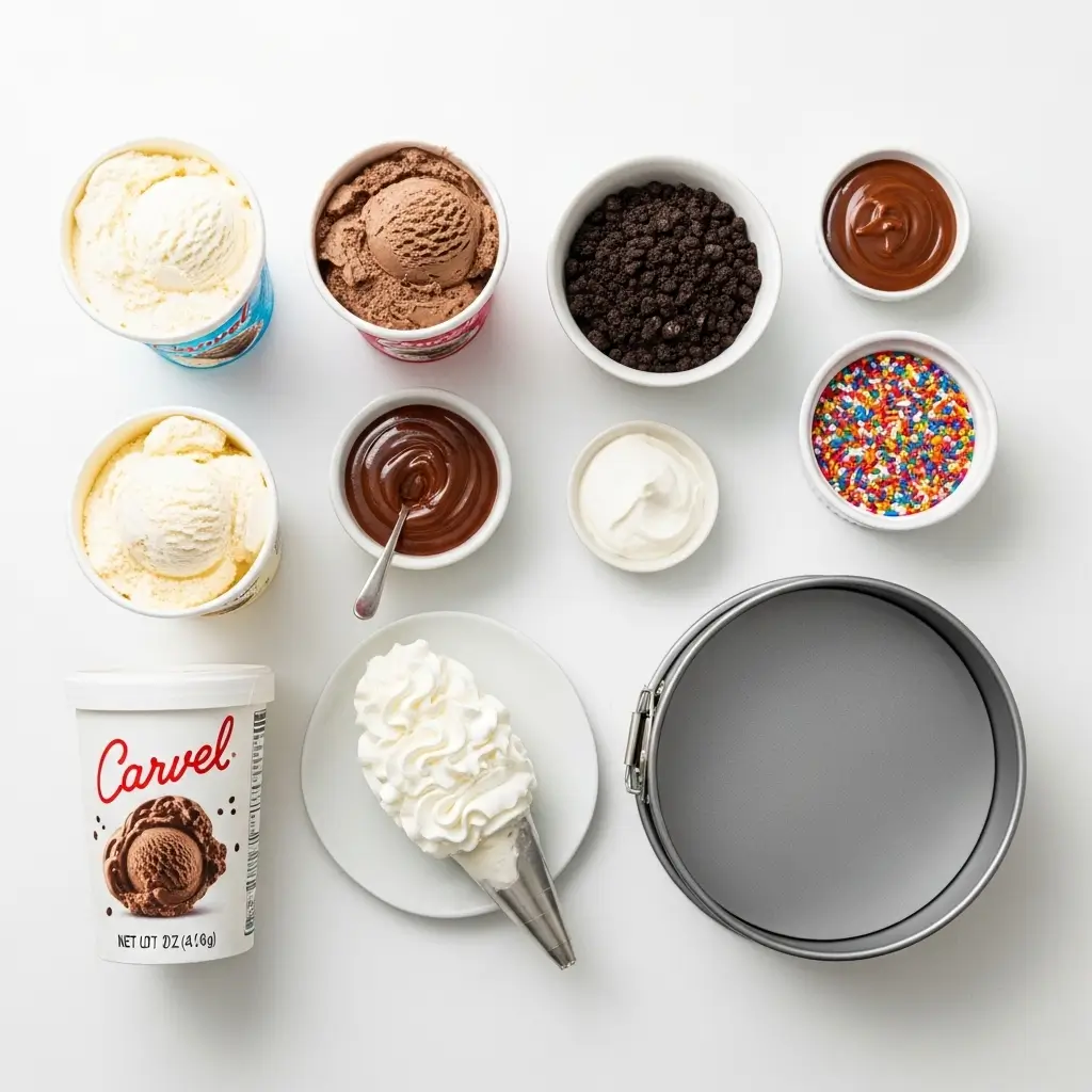 Whole Carvel-style ice cream cake with neatly arranged slices showing ice cream layers and cookie crunch filling.