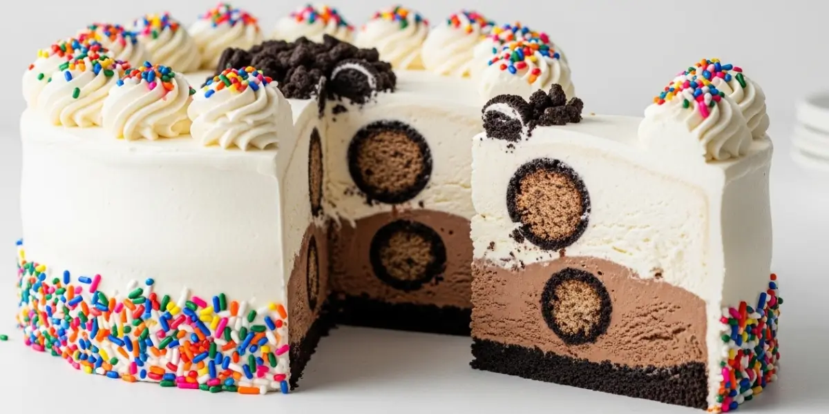 Carvel-style ice cream cake recipe cut into multiple serving slices showing vanilla, chocolate, and crunchy cookie layers.