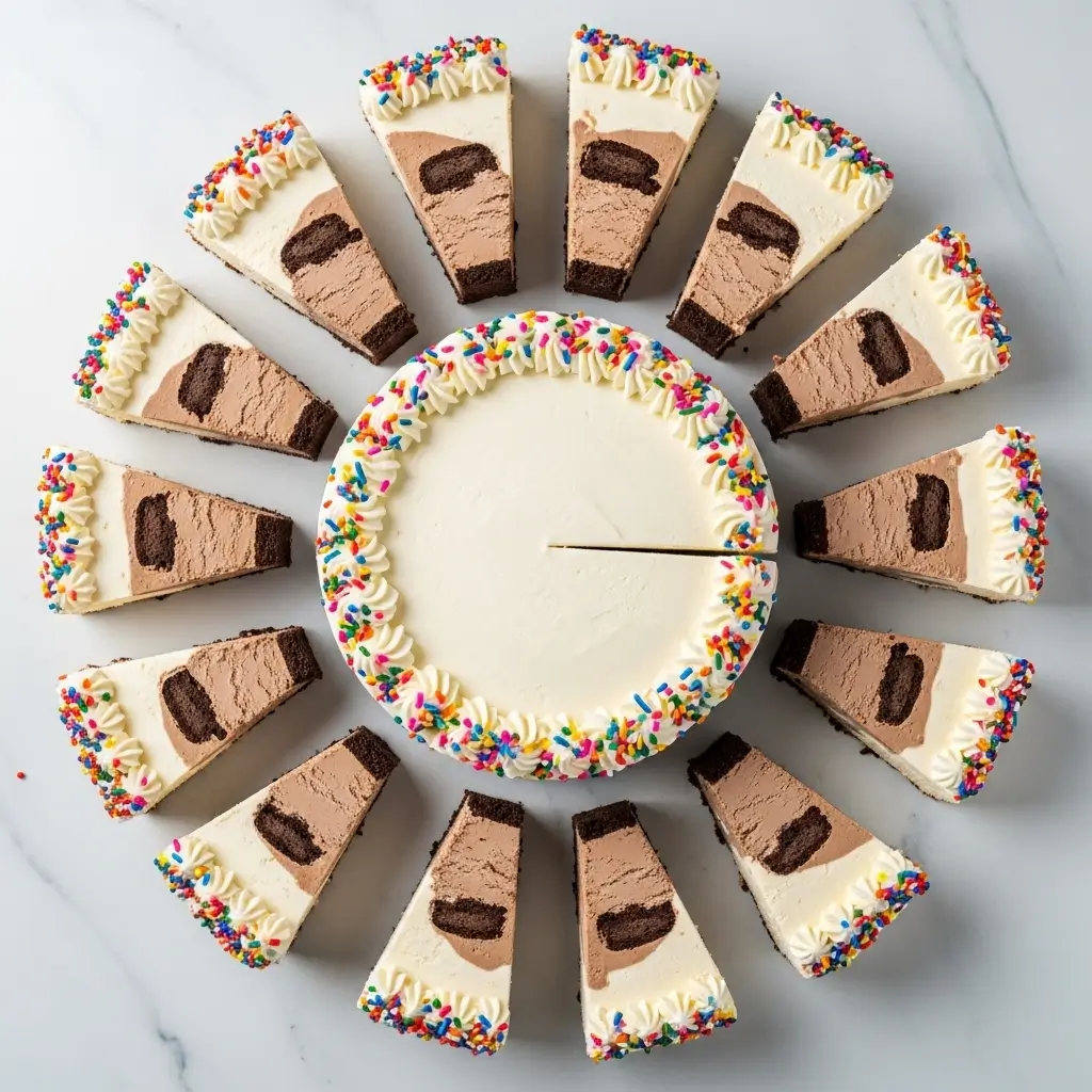 Whole Carvel-style ice cream cake with neatly arranged slices showing ice cream layers and cookie crunch filling.