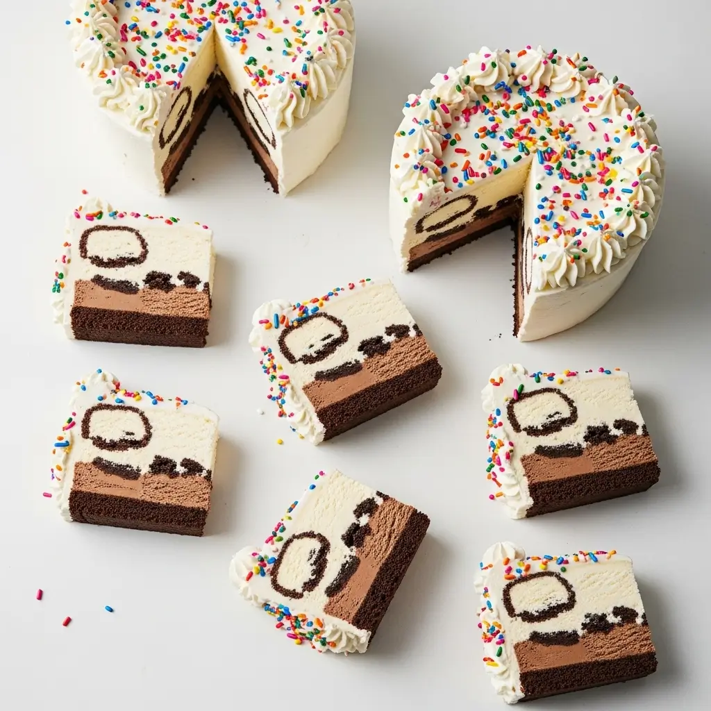 Whole Carvel-style ice cream cake with neatly arranged slices showing ice cream layers and cookie crunch filling.