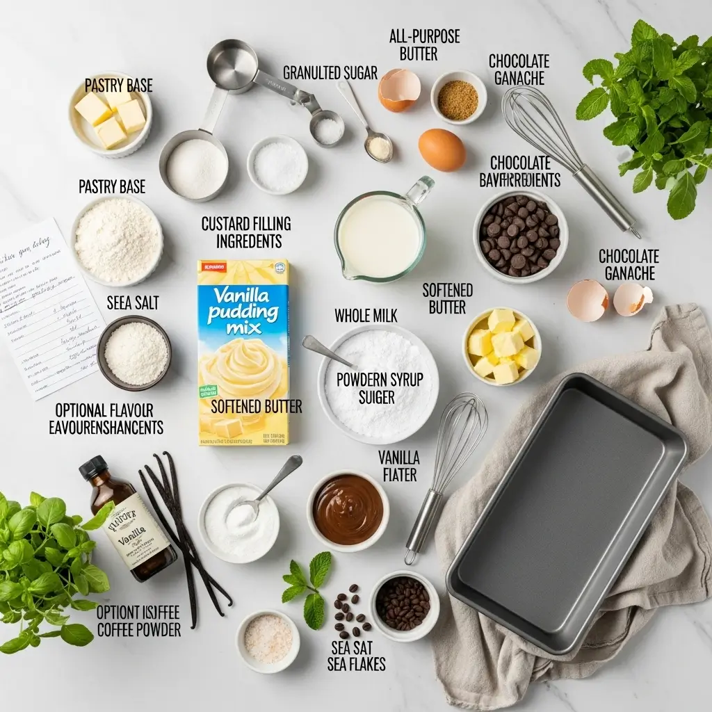 Flat-lay arrangement of chocolate éclair cake ingredients including flour, butter, sugar, milk, vanilla pudding mix, powdered sugar, chocolate chips, corn syrup, and optional flavor enhancers on a white marble surface