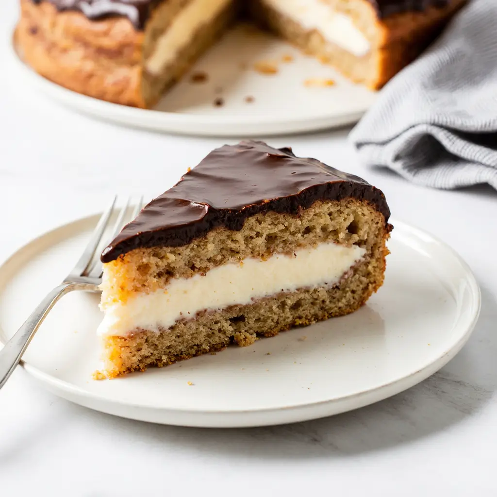 Slice of chocolate éclair cake displaying three layers: golden choux pastry base, creamy vanilla custard filling, and glossy dark chocolate ganache topping on a white plate