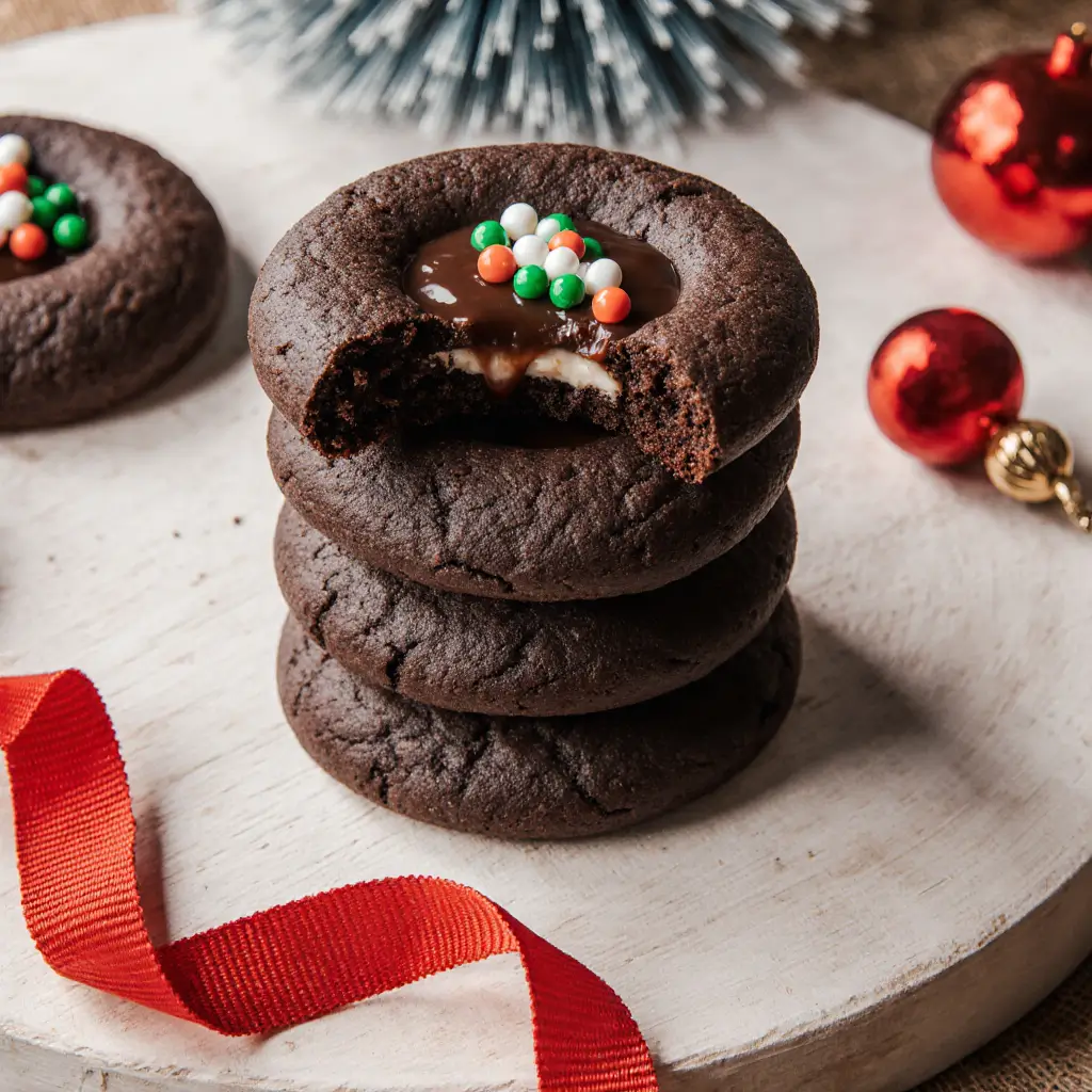 Three chocolate thumbprint cookie recipe creations beautifully plated on white ceramic dish with cocoa powder dusting and fresh mint garnish, showing elegant presentation of homemade chocolate thumbprint cookie recipe for entertaining and gift-giving
