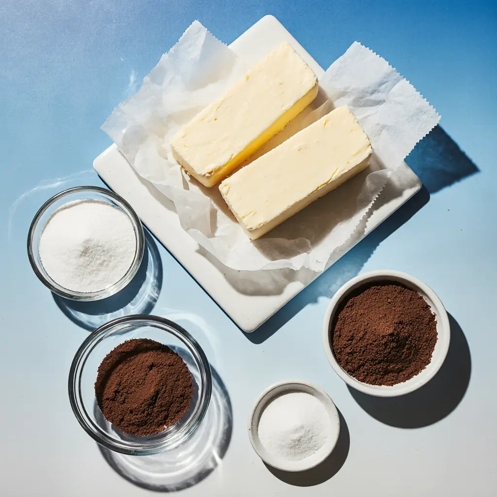 All ingredients needed for chocolate thumbprint cookie recipe arranged on white wooden surface including butter, granulated sugar, brown sugar, eggs, all-purpose flour, vanilla extract, salt, nutmeg, and chocolate chips in ceramic bowls - essential components for making chocolate thumbprint cookie recipe