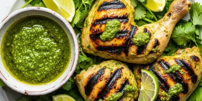 A vibrant, plated serving of Cilantro Lime Chicken garnished with fresh cilantro and lime wedges, styled with natural light