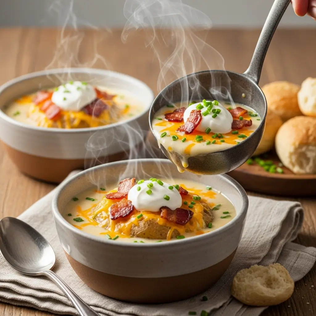 Baked potato soup ingredients laid out flat including russet potatoes, bacon, cheddar cheese, heavy cream, sour cream, butter, onion, garlic, and fresh chives