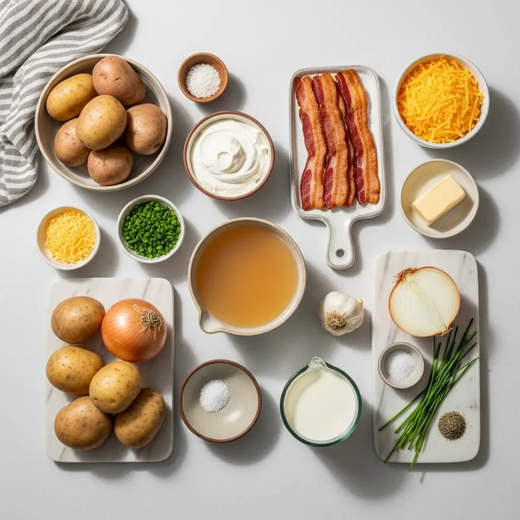Baked potato soup ingredients laid out flat including russet potatoes, bacon, cheddar cheese, heavy cream, sour cream, butter, onion, garlic, and fresh chives