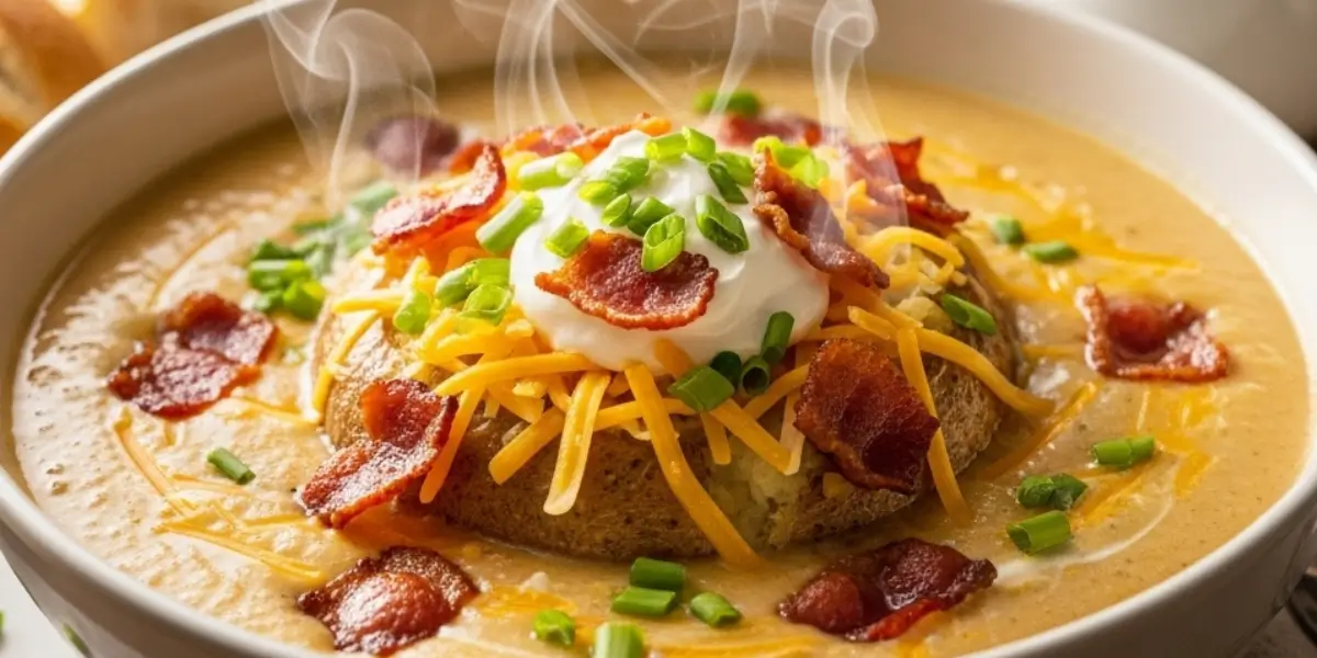 Creamy baked potato soup garnished with crispy bacon, melted cheddar cheese, fresh chives, and sour cream in a white bowl