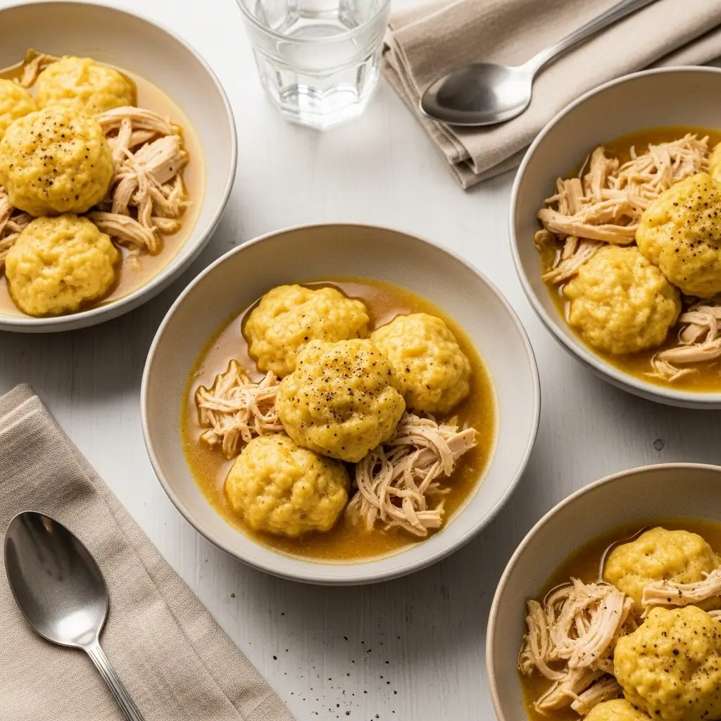 Single serving of homemade Bisquick chicken and dumplings in a white bowl showing fluffy dumplings, tender chicken, vegetables, and creamy broth garnished with fresh herbs