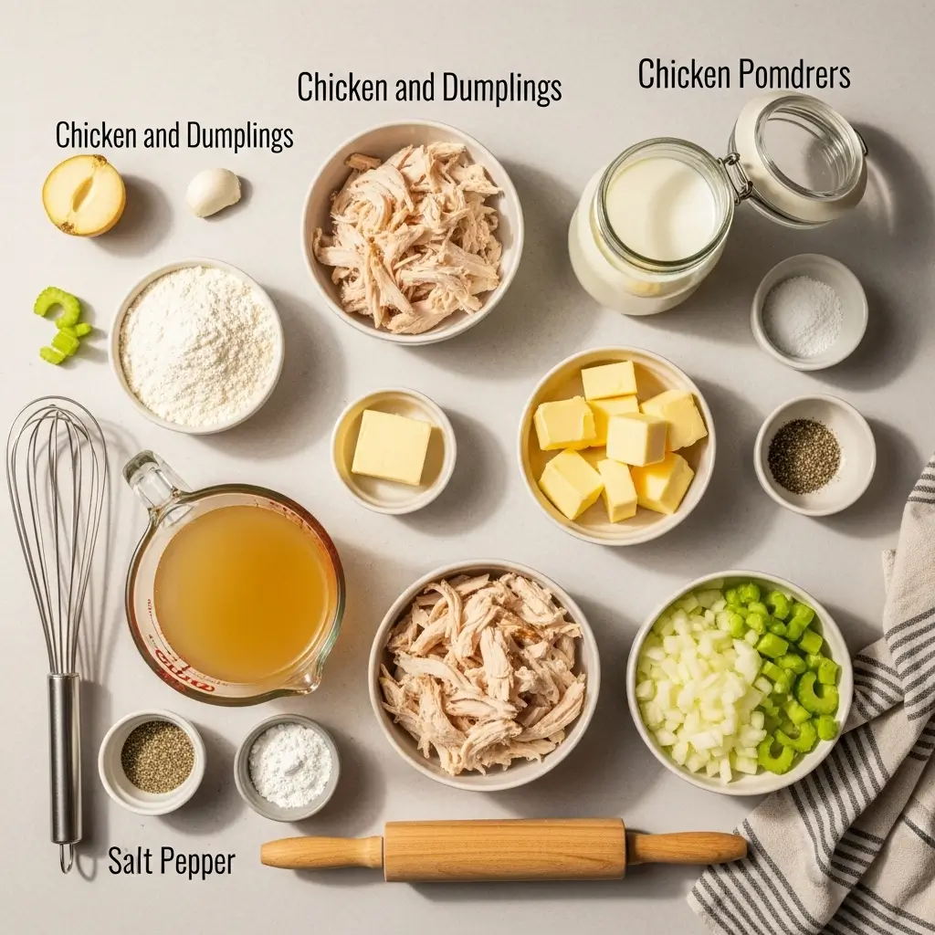 Ingredient mise en place for Bisquick chicken and dumplings including chopped onions, carrots, celery, minced garlic, Bisquick mix, and broth in prep bowls