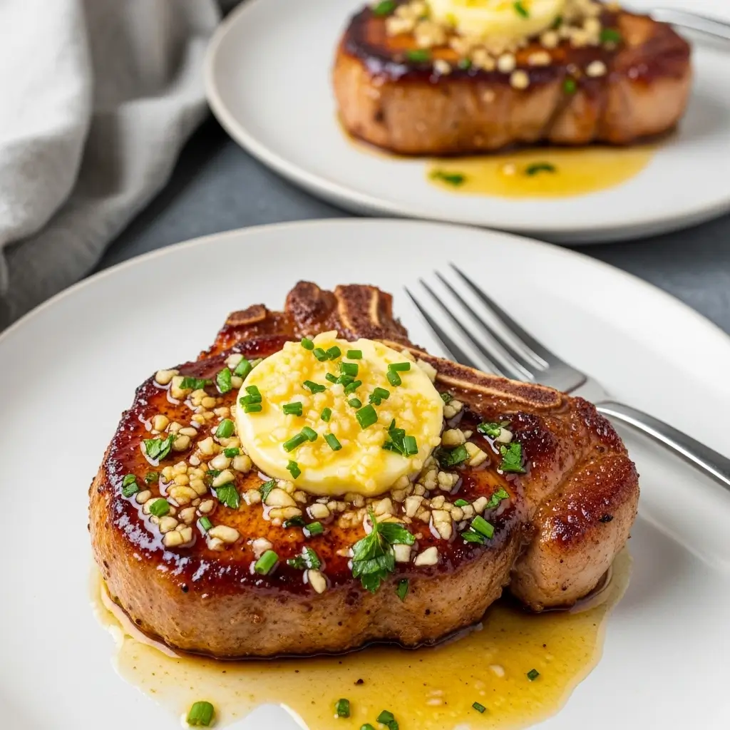 Two elegantly plated servings of garlic butter pan seared pork chops on white ceramic plates with mashed potatoes and roasted vegetables, garnished with fresh herbs