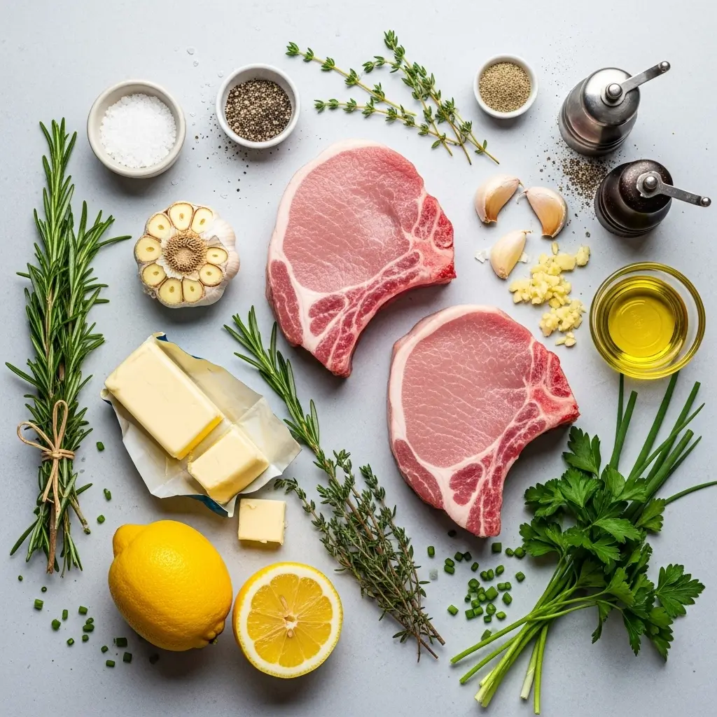 Overhead flat-lay of ingredients for garlic butter pan seared pork chops including raw pork chops, fresh garlic, butter, rosemary, thyme, parsley, chives, lemon, salt, pepper, and cast iron skillet on white marble background