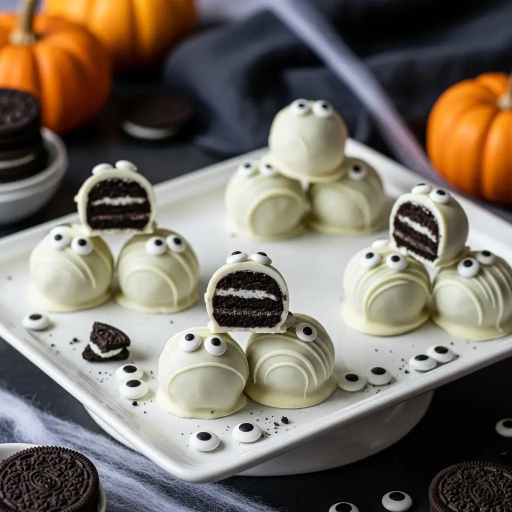 Ghost OREO Balls made with crushed OREO cookies and white chocolate, decorated like cute ghosts with candy eyes for Halloween.