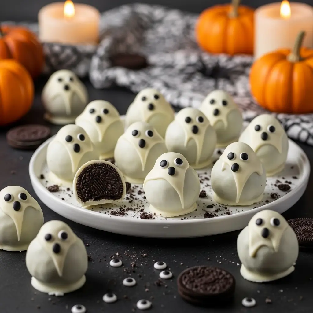 Ghost OREO Balls made with crushed OREO cookies and white chocolate, decorated like cute ghosts with candy eyes for Halloween.