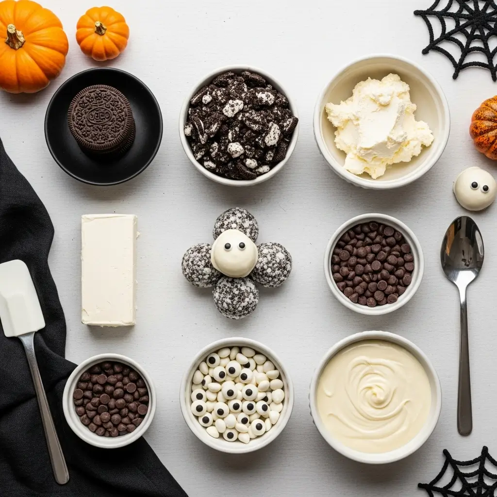 Ghost OREO Balls made with crushed OREO cookies and white chocolate, decorated like cute ghosts with candy eyes for Halloween.