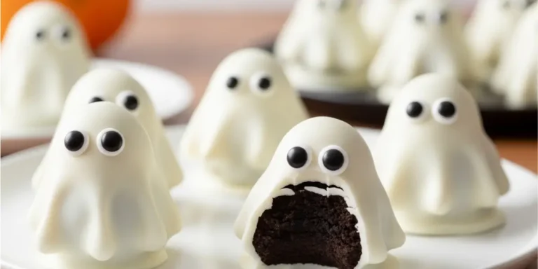 Ghost OREO Balls made with crushed OREO cookies and white chocolate, decorated like cute ghosts with candy eyes for Halloween.