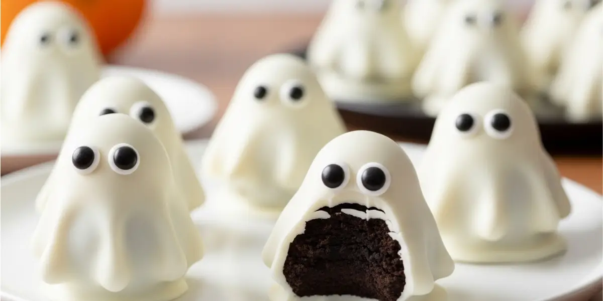 Ghost OREO Balls made with crushed OREO cookies and white chocolate, decorated like cute ghosts with candy eyes for Halloween.