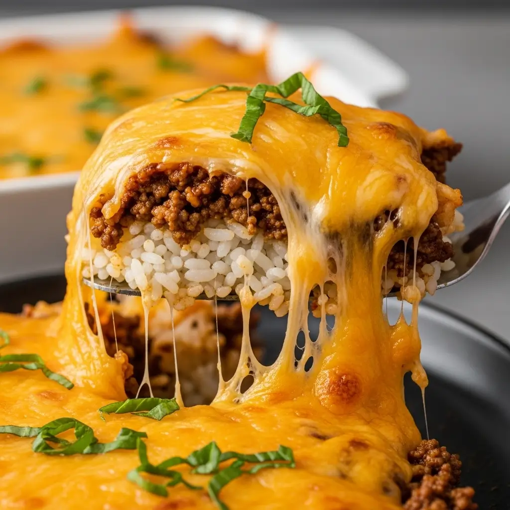 A silver spatula lifts a generous portion of cheesy ground beef and rice casserole, displaying visible layers of fluffy rice, seasoned ground beef, and bubbly golden-brown melted cheddar cheese with stretching cheese strands, with the full casserole dish visible in soft-focus background on a gray kitchen counter