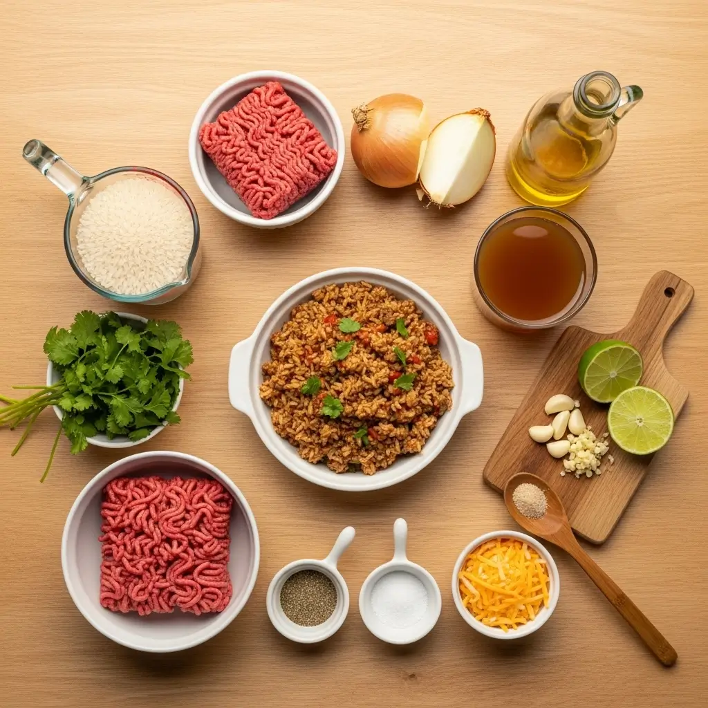 Overhead flat-lay food photography showing all ingredients needed for ground beef and rice recipe: raw ground beef in white bowl, uncooked jasmine rice in measuring cup, diced onion, minced garlic cloves, fresh cilantro bunch, lime wedges, olive oil bottle, beef broth in glass measuring cup, salt and pepper in small ramekins, and wooden cooking spoon arranged on light wooden table with finished dish in center.