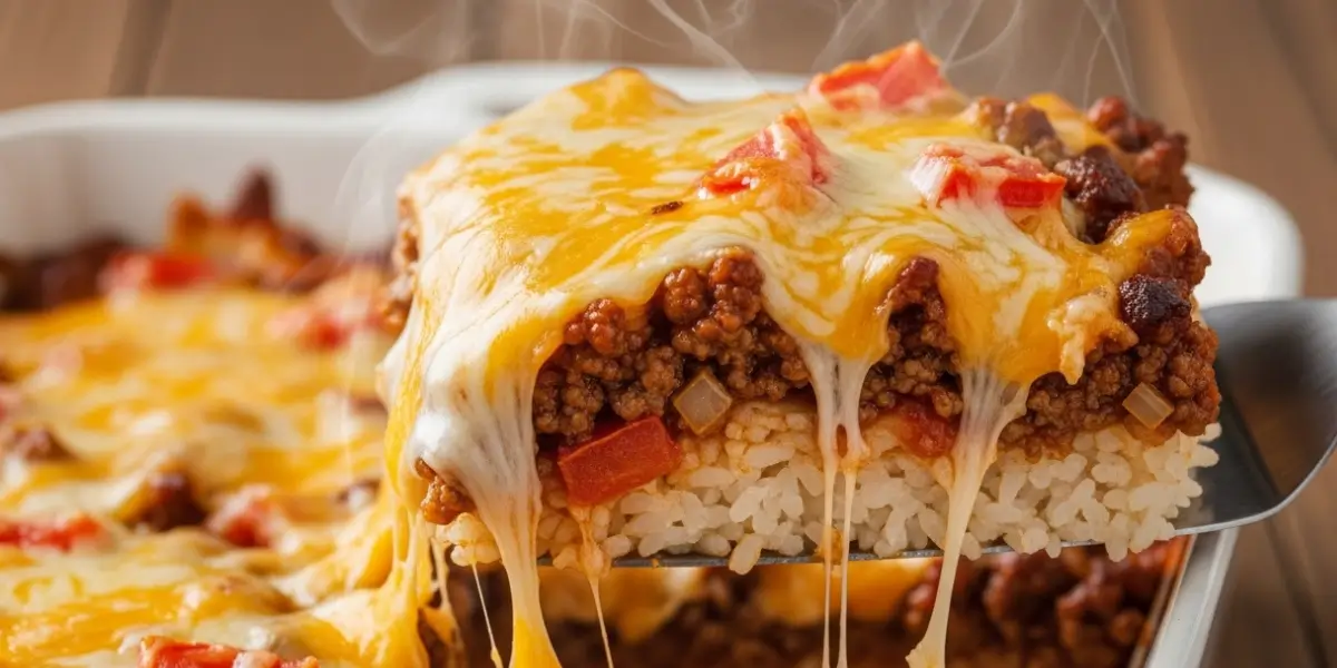 A silver spatula lifts a generous portion of cheesy ground beef and rice casserole, displaying visible layers of fluffy rice, seasoned ground beef, and bubbly golden-brown melted cheddar cheese with stretching cheese strands, with the full casserole dish visible in soft-focus background on a gray kitchen counter