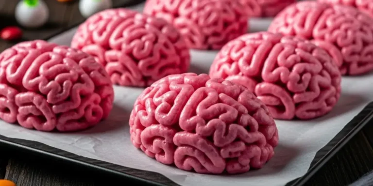 Pink marshmallow Rice Krispies treats shaped like spooky Halloween brains, arranged on a white background.