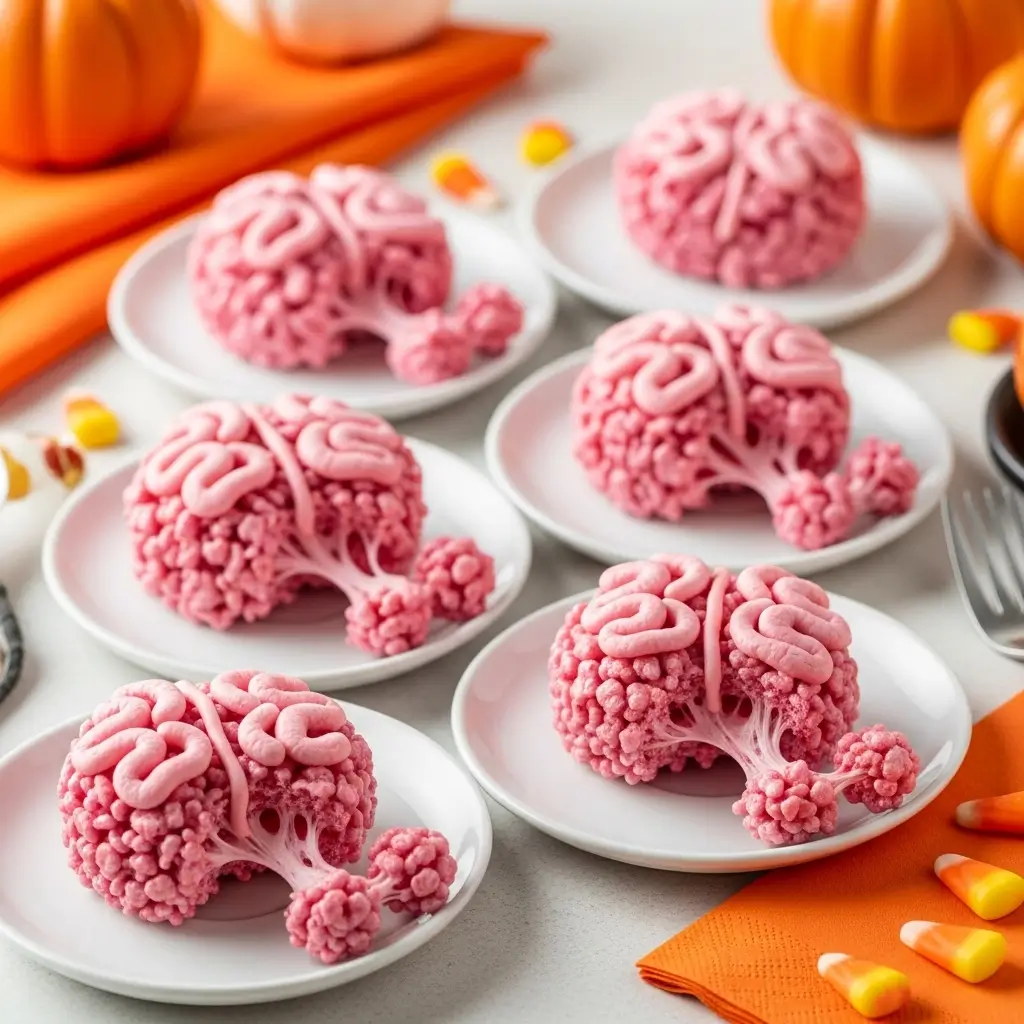 Pink marshmallow Rice Krispies treats shaped like spooky Halloween brains, arranged on a white background.