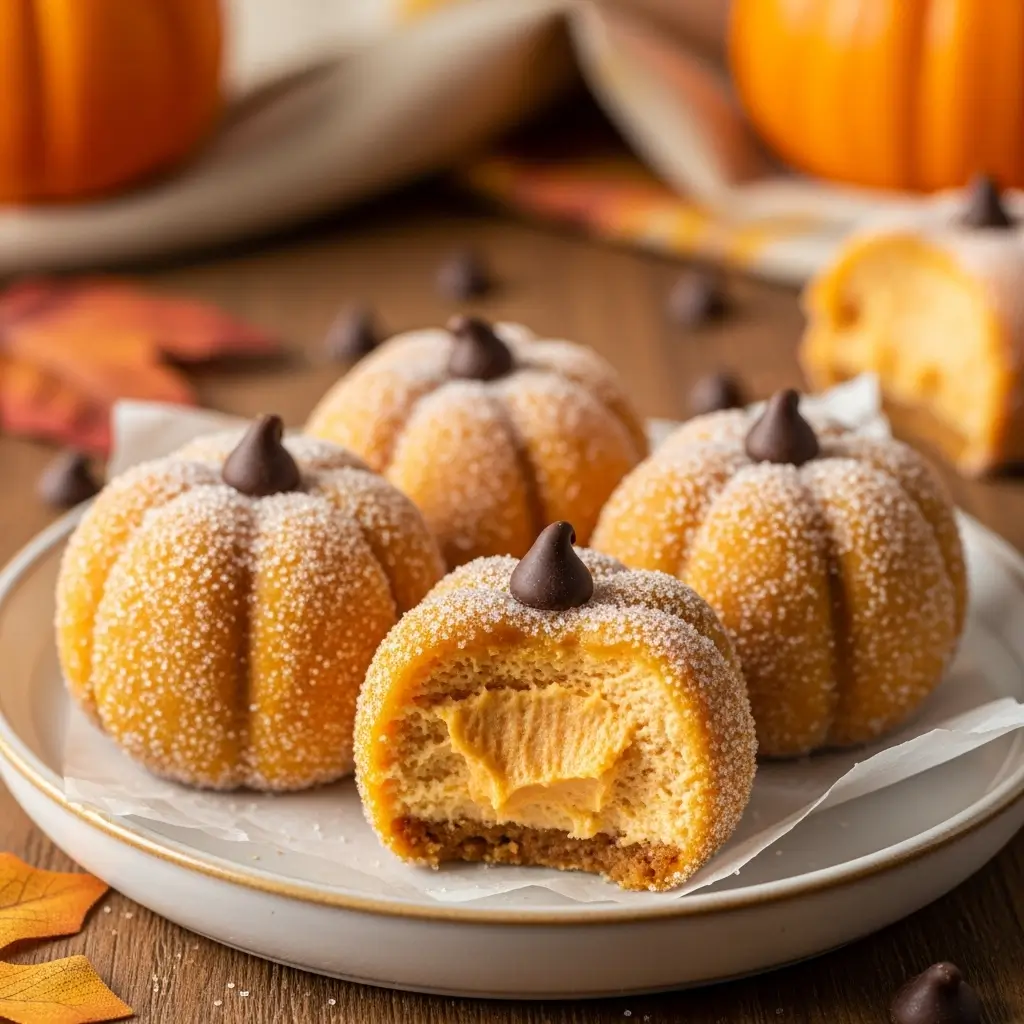 Pumpkin cheesecake truffles on a white plate, shaped like mini pumpkins with creamy filling and chocolate chip stems, perfect fall dessert serving.