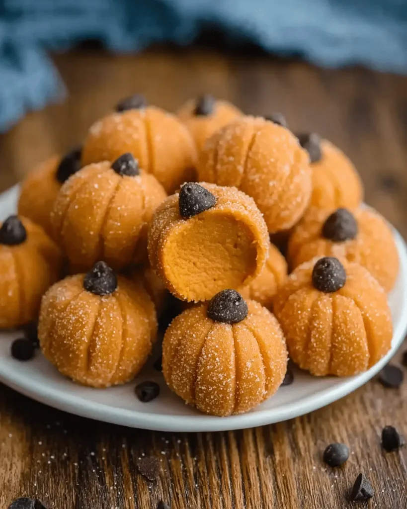 Pumpkin cheesecake truffles on a white plate, shaped like mini pumpkins with creamy filling and chocolate chip stems, perfect fall dessert serving.
