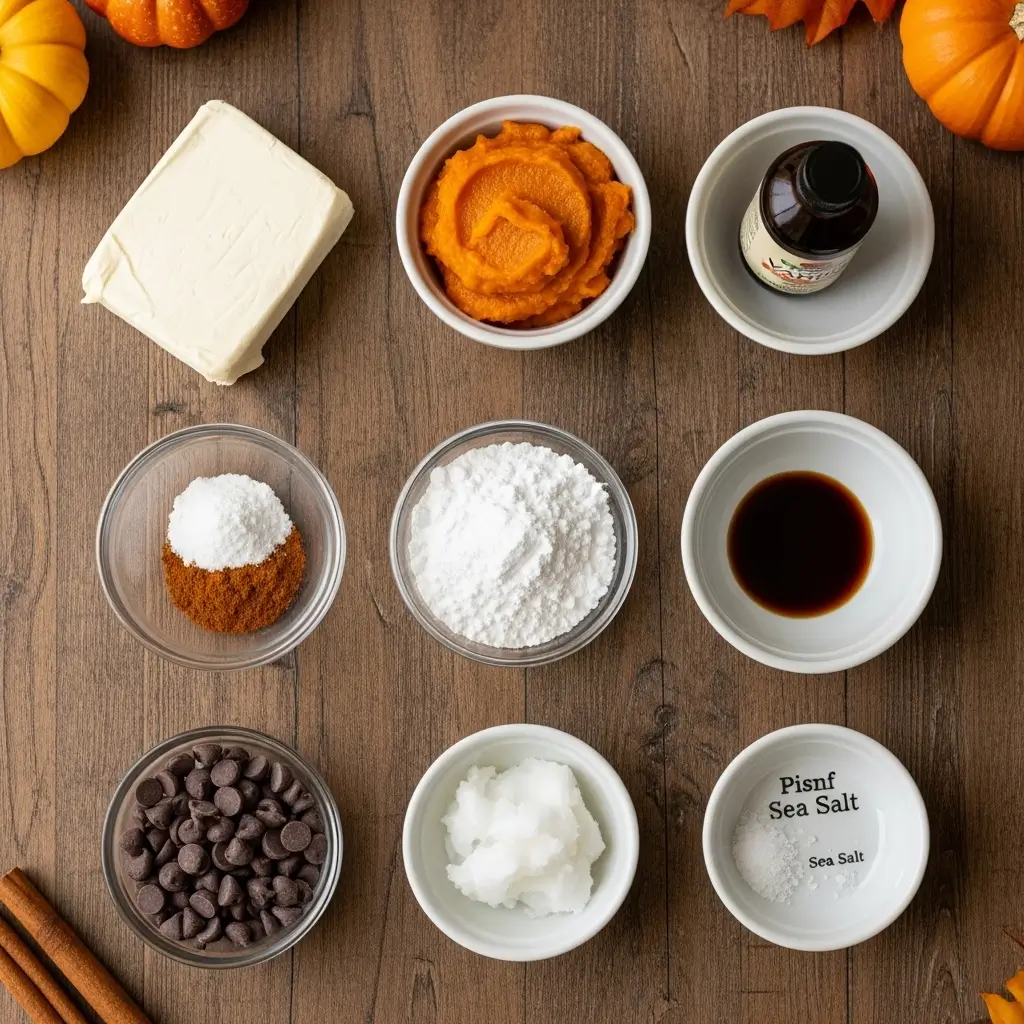 Pumpkin cheesecake truffles on a white plate, shaped like mini pumpkins with creamy filling and chocolate chip stems, perfect fall dessert serving.