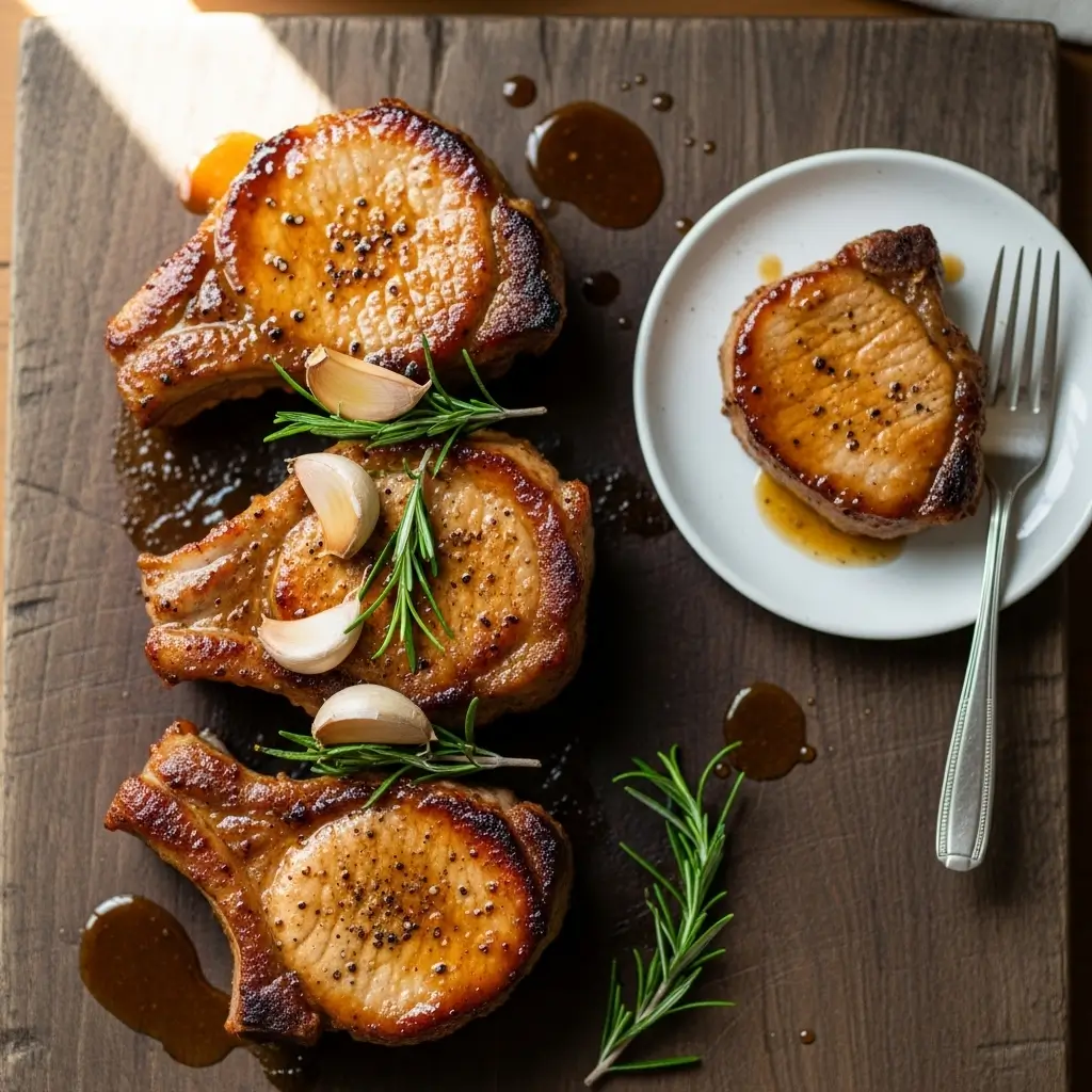 Three graduated glass bowls containing slow cooker pork chops and sauce showing small, medium, and large nutritional portion sizes