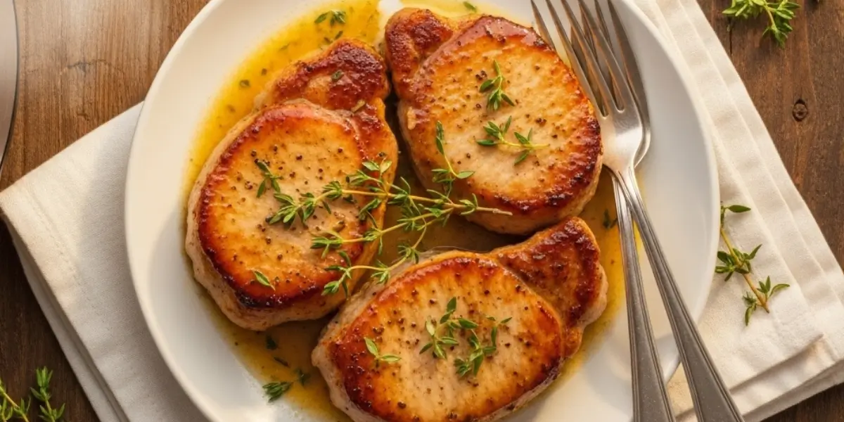 Perfectly cooked slow cooker pork chops with creamy herb sauce and fresh thyme garnish plated on white ceramic dish with slow cooker in background