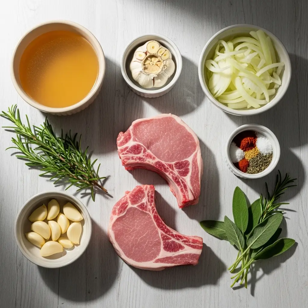 Flat-lay arrangement of slow cooker pork chop ingredients including pork chops, onions, garlic, fresh herbs, cream, broth, and seasonings on wooden surface