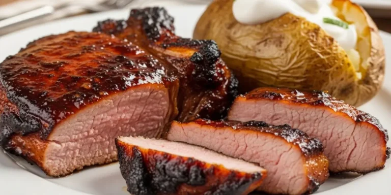 Smoked pork chops with baked potato and sour cream on dinner plate
