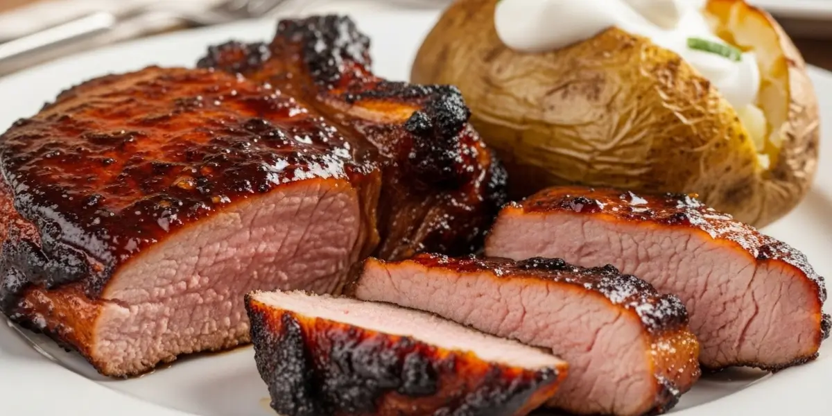 Smoked pork chops with baked potato and sour cream on dinner plate