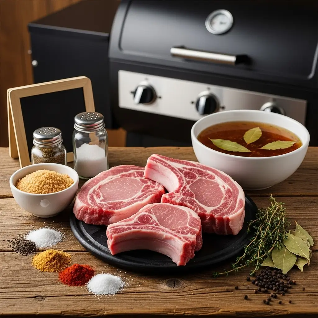 Smoked pork chops ingredients including bone-in pork chops, brown sugar, kosher salt, paprika, garlic powder, and brining spices arranged on wooden surface