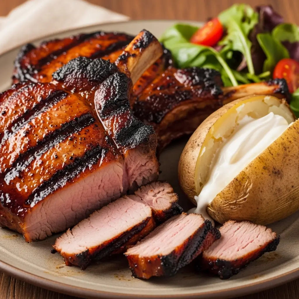 Smoked pork chops with baked potato and sour cream on dinner plate