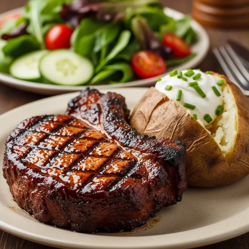 Plated smoked pork chops with mahogany bark and smoke ring, garnished with fresh thyme and served with grilled vegetables