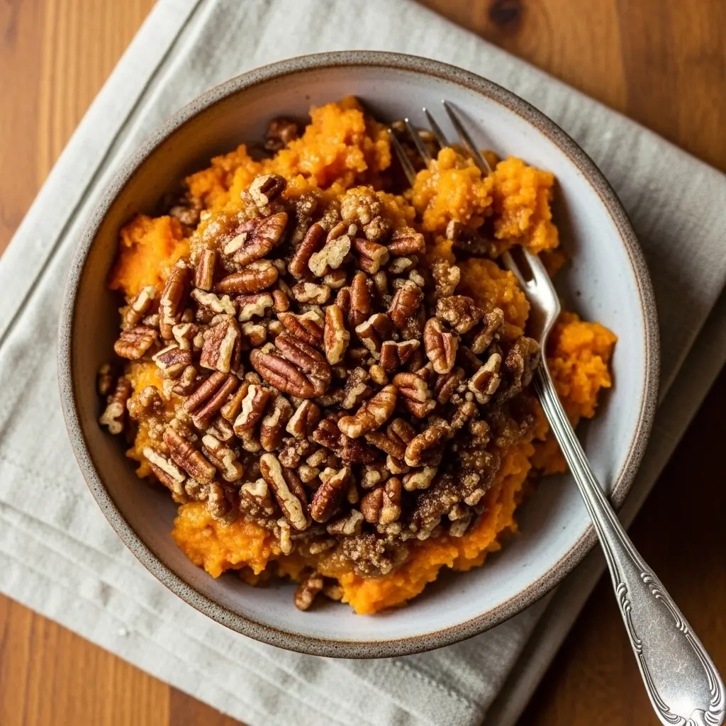 Close-up of key ingredients: Grade A Dark Robust Taste maple syrup, fresh orange sweet potatoes (Jewel or Garnet variety), whole pecans, and bowls of cinnamon and nutmeg