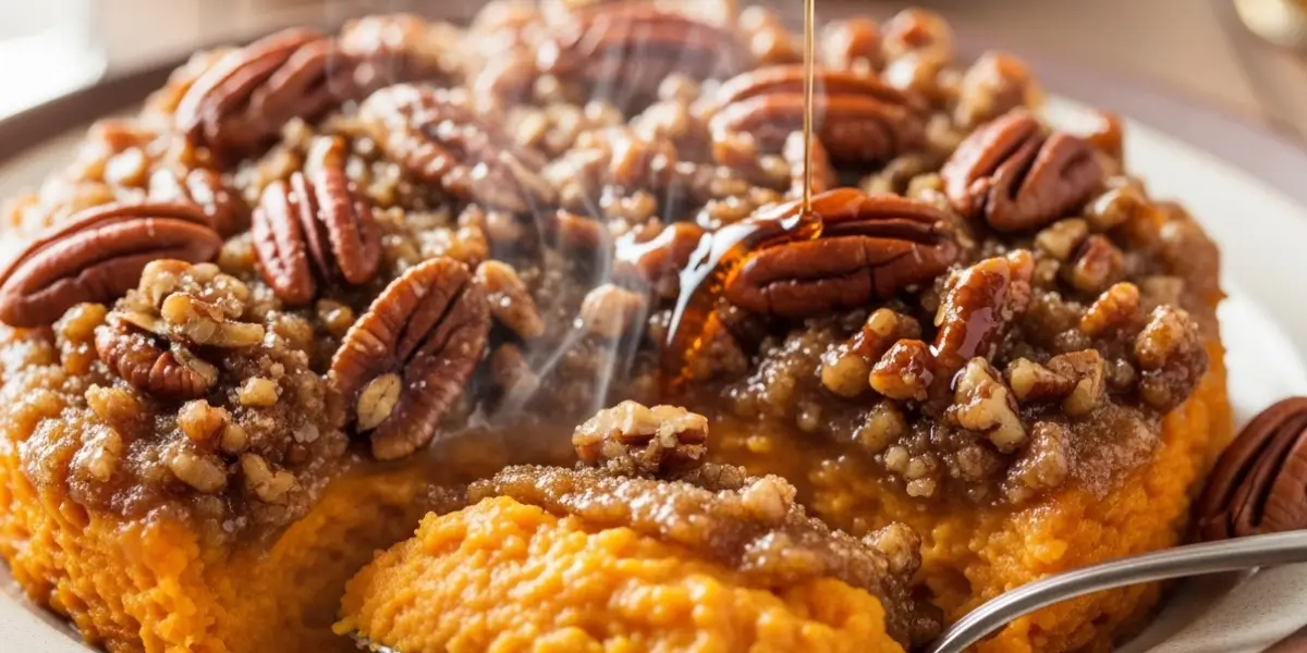 Close-up of key ingredients: Grade A Dark Robust Taste maple syrup, fresh orange sweet potatoes (Jewel or Garnet variety), whole pecans, and bowls of cinnamon and nutmeg.