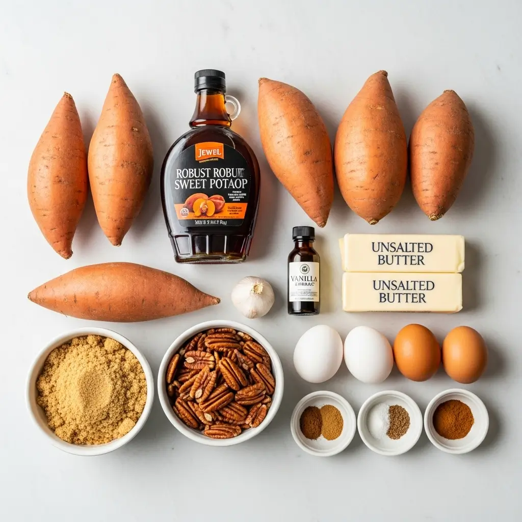 Close-up of key ingredients: Grade A Dark Robust Taste maple syrup, fresh orange sweet potatoes (Jewel or Garnet variety), whole pecans, and bowls of cinnamon and nutmeg.