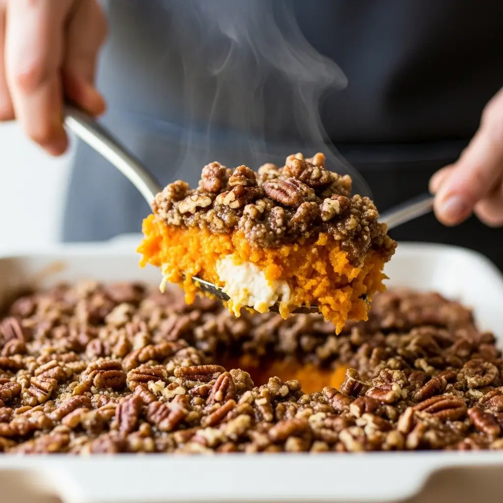 Close-up of key ingredients: Grade A Dark Robust Taste maple syrup, fresh orange sweet potatoes (Jewel or Garnet variety), whole pecans, and bowls of cinnamon and nutmeg