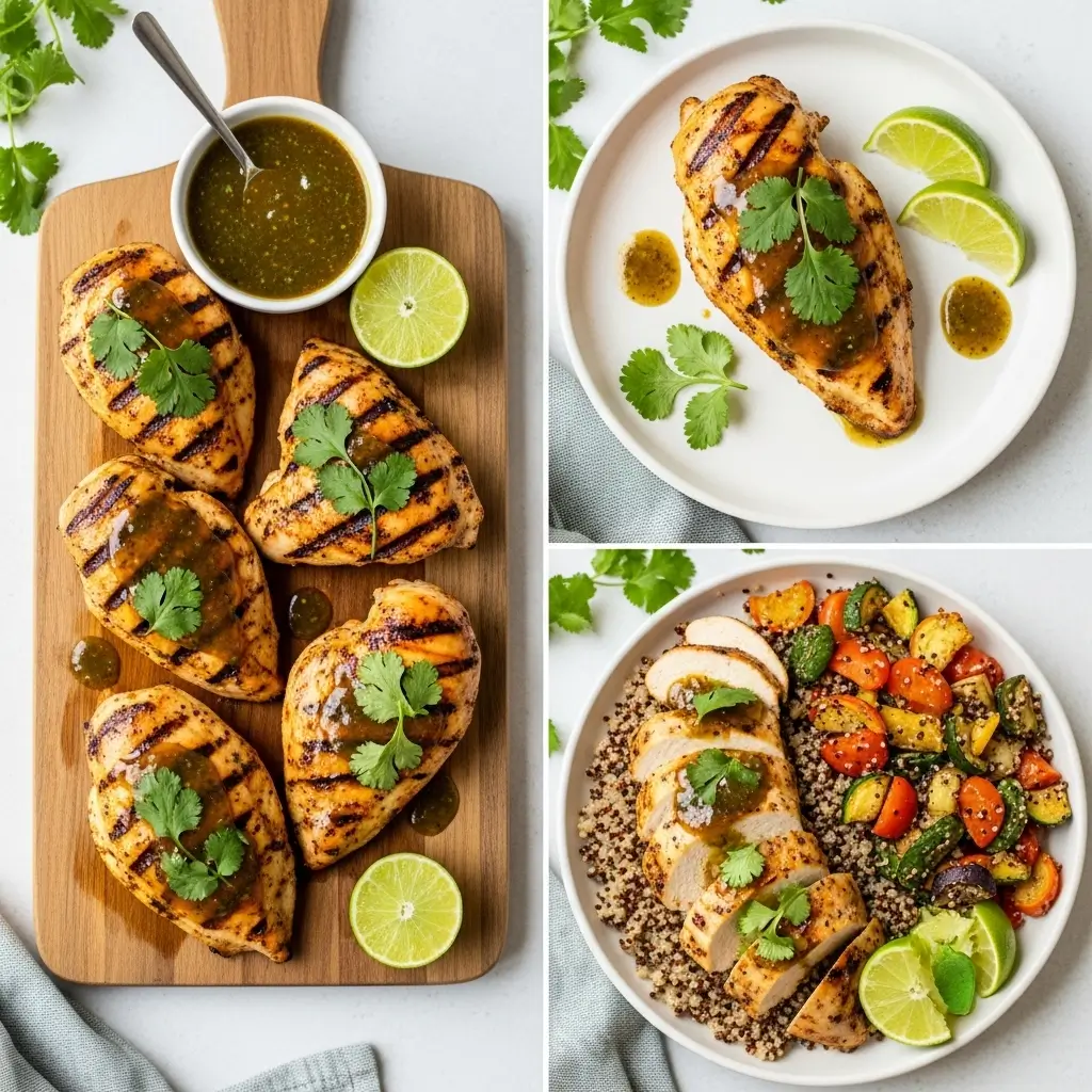 A plated serving of Cilantro Lime Chicken with rice, lime wedges, and cilantro, ready to serve.
