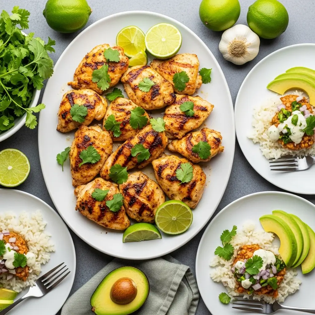 A plated serving of Cilantro Lime Chicken with rice, lime wedges, and cilantro, ready to serve.