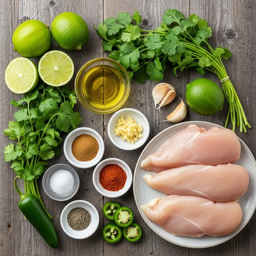 Ingredients for Cilantro Lime Chicken displayed neatly: fresh lime juice, olive oil, cilantro, garlic, cumin, chili powder, salt, pepper, and optional jalapeño