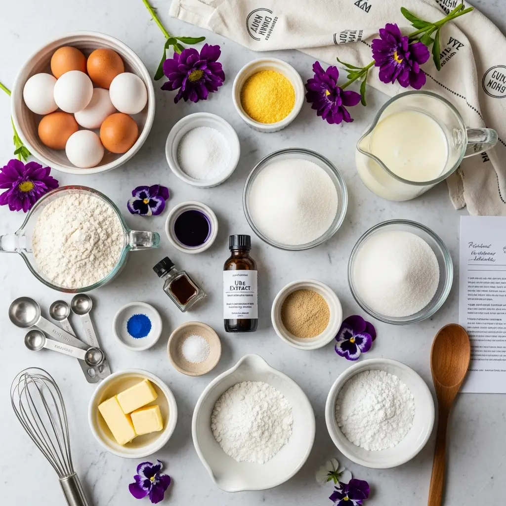 Ube roll cake ingredients including eggs, flour, ube extract, sugar, and butter arranged on a marble countertop