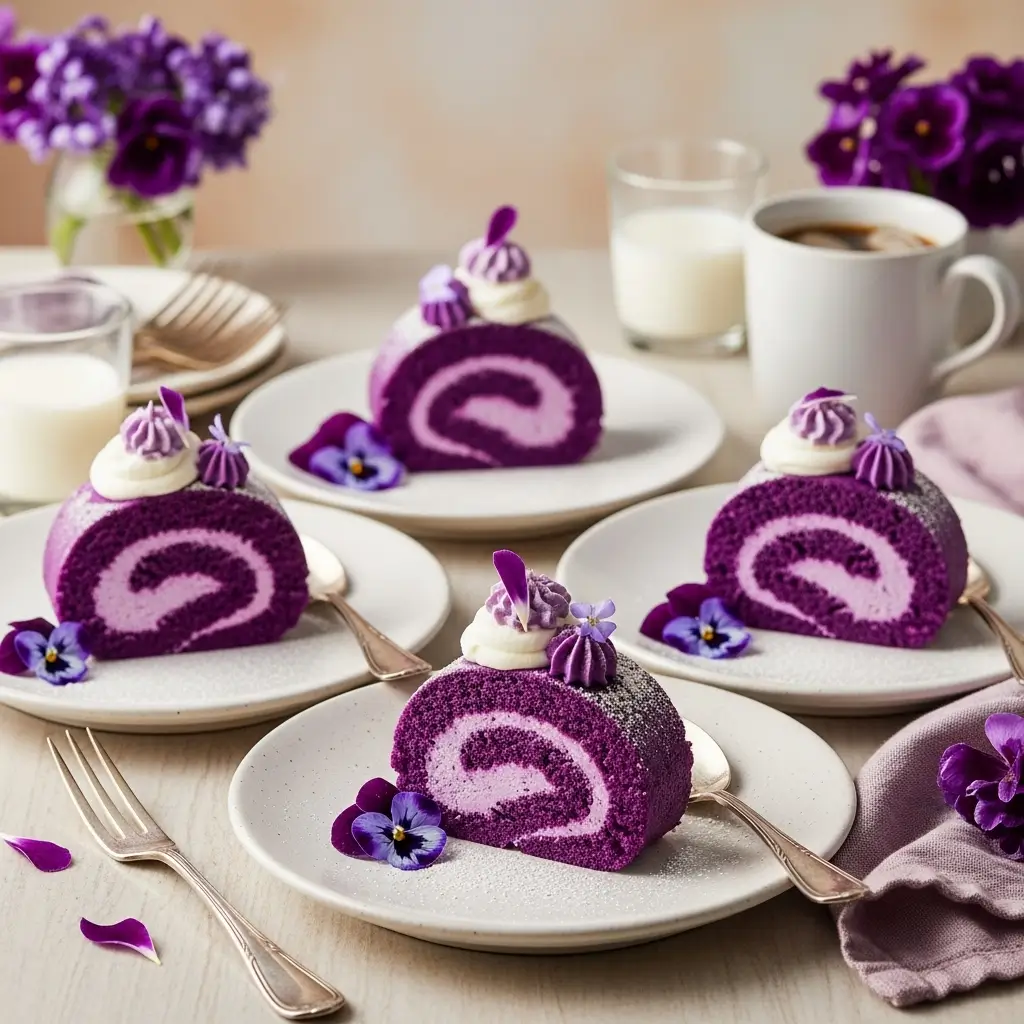 Three elegant servings of ube roll cake on white plates with coffee and edible flower garnish